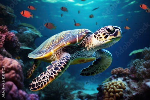 Vibrant Turtle underwater background. Ecosystem beauty. Generate Ai © juliars