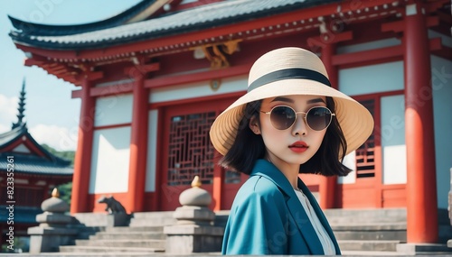 japanese temple background pretty girl model fashion portrait posing with sunglasses and hat © SevenThreeSky