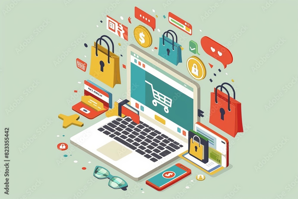 Isometric illustration of an online shopping ecosystem with a laptop, shopping bags, and digital security features Isometric illustration of an online shopping ecosystem with a laptop, shopping bags, and digital security features