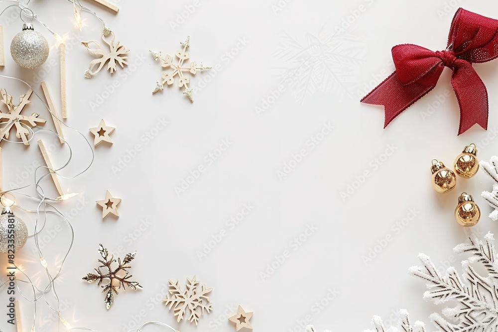 Merry Christmas and New Year background. Xmas holiday card made of flying decorations, fir branches, red balls, snowflakes, sparkles, bokeh, Merry Christmas and New Year background. Xmas holiday card made of flying decorations, fir branches, red balls, snowflakes, sparkles, bokeh,