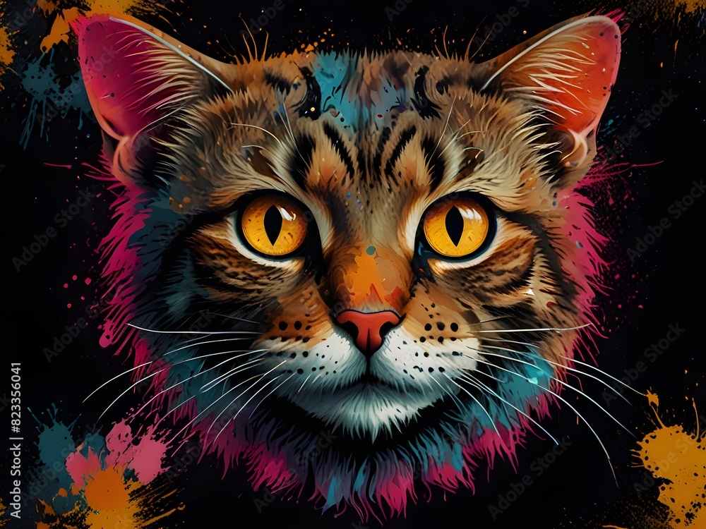 Vibrant and colorful digital illustration of a cat with glowing eyes, a creative and bold design perfect for artistic, pet, and fantasy themes Vibrant and colorful digital illustration of a cat with glowing eyes, a creative and bold design perfect for artistic, pet, and fantasy themes