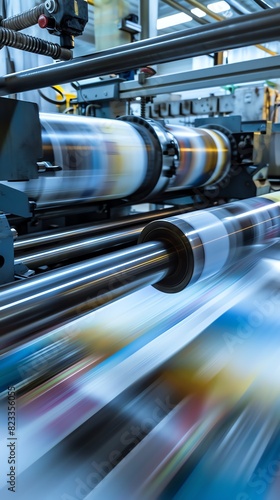 Close-up view of a high-speed printing press in action, showcasing the dynamic process of modern printing technology.