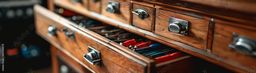Close-up of a wooden tool drawer open to reveal neatly organized hand tools, emphasizing craftsmanship and organization in a workshop setting Close-up of a wooden tool drawer open to reveal neatly organized hand tools, emphasizing craftsmanship and organization in a workshop setting