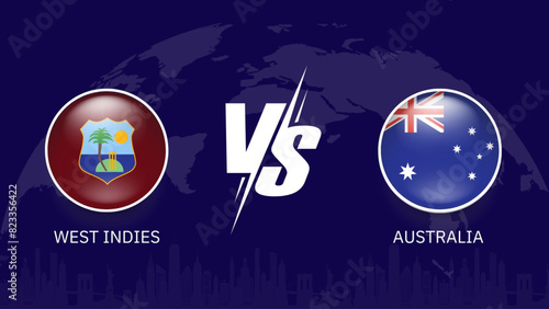 west indies vs Australia flag, world map and building skyline use for t20 cricket world cup 2024 template banner design.