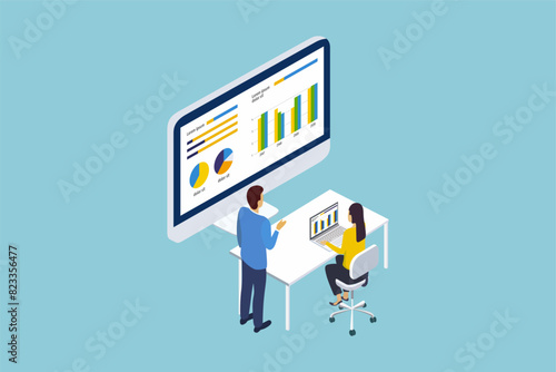 Business team analytics and monitoring on web report dashboard. Vector illustration.
