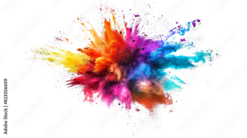 A burst of colorful chalk pieces and powder, flying in an explosion effect, isolated on a white background, clipping path, cut out