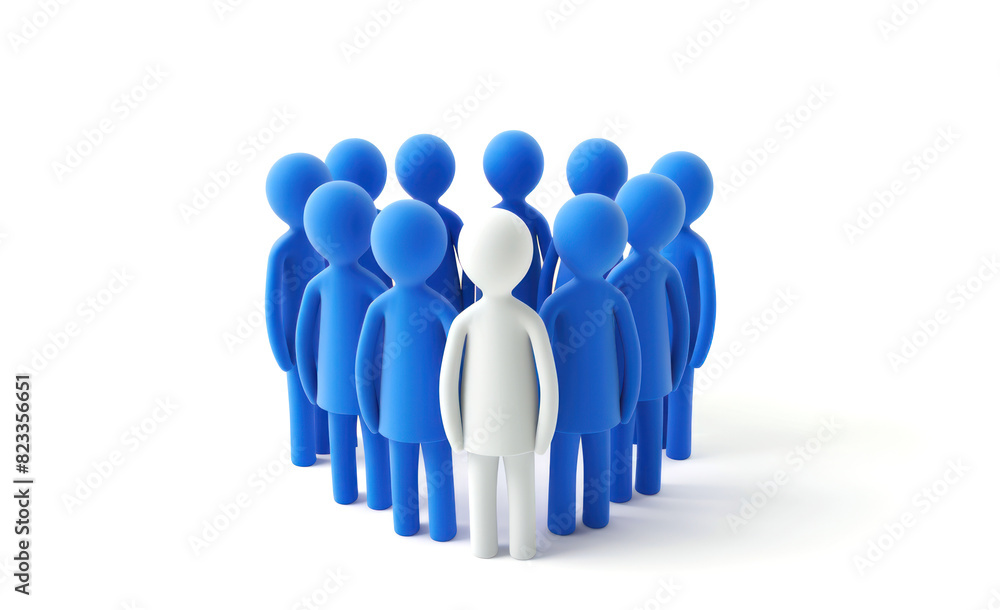 3D illustration of white figure standing out in group of blue figures. Concept of leadership, individuality, teamwork, community. Isolated on white background. Ideal for business, educational designs 3D illustration of white figure standing out in group of blue figures. Concept of leadership, individuality, teamwork, community. Isolated on white background. Ideal for business, educational designs
