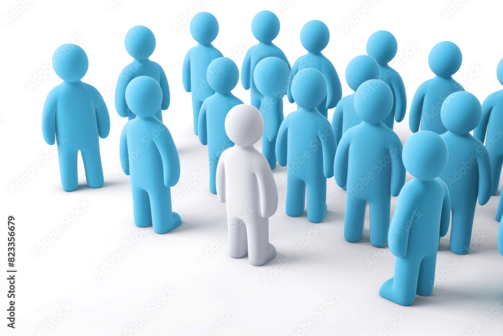 3D illustration of white figure standing out in group of blue figures. Concept of leadership, individuality, teamwork, community. Isolated on white background. Ideal for business, educational designs 3D illustration of white figure standing out in group of blue figures. Concept of leadership, individuality, teamwork, community. Isolated on white background. Ideal for business, educational designs