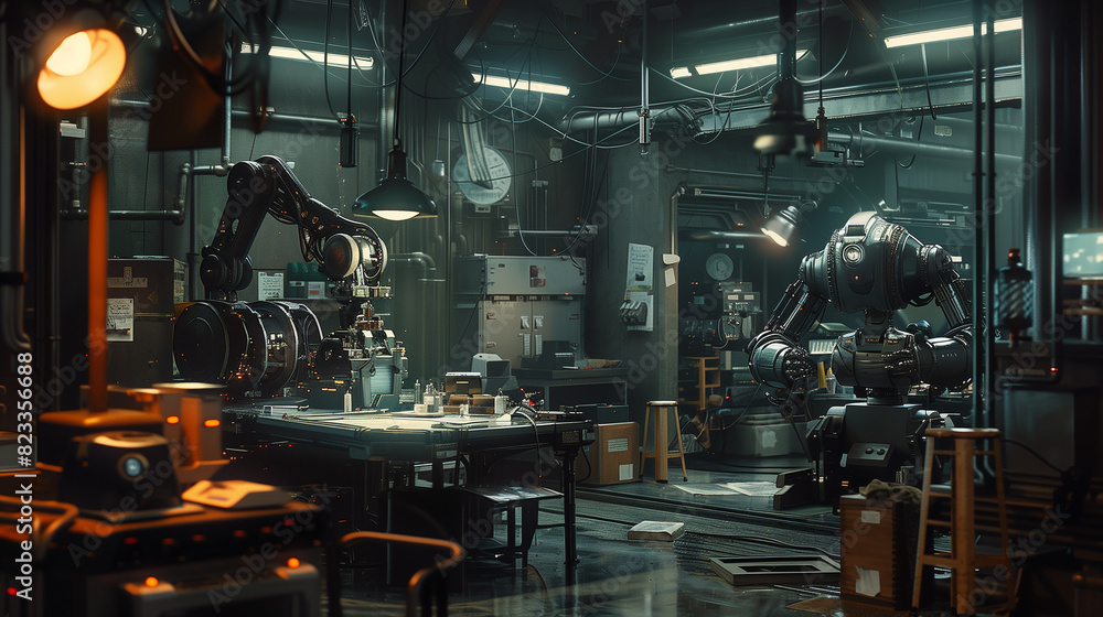A group of robots are walking down a street in the rain. The robots are all black and have glowing eyes. The scene is set in a futuristic world where robots are a common sight A group of robots are walking down a street in the rain. The robots are all black and have glowing eyes. The scene is set in a futuristic world where robots are a common sight