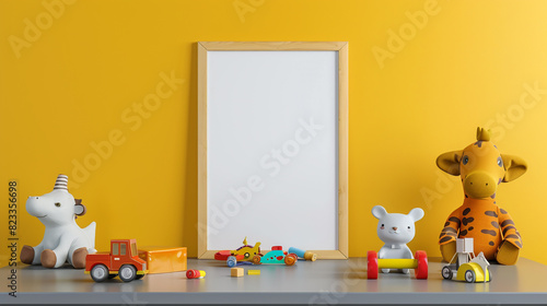 A vibrant childrena??s playroom with a blank frame mockup on a grey table, deep yellow wall enhancing the playful atmosphere.