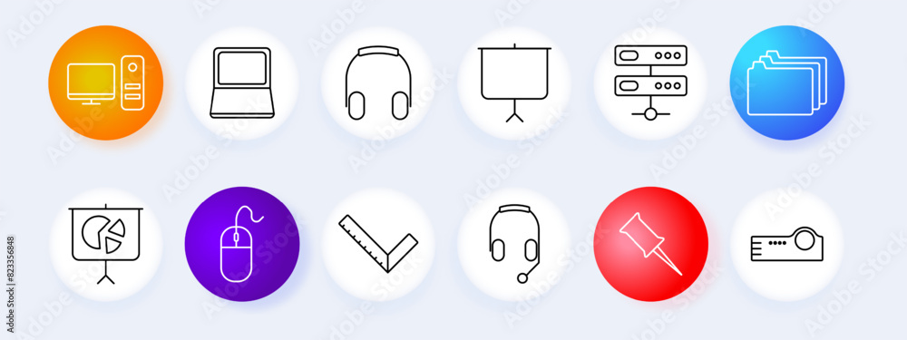 Office set line icon. Computer, notes, pc, notebook, headphones, folder, desktop, call center, chart, analysis, projector, clip, paper, documents, mouse, keyboard, linear. Office tool concept Office set line icon. Computer, notes, pc, notebook, headphones, folder, desktop, call center, chart, analysis, projector, clip, paper, documents, mouse, keyboard, linear. Office tool concept