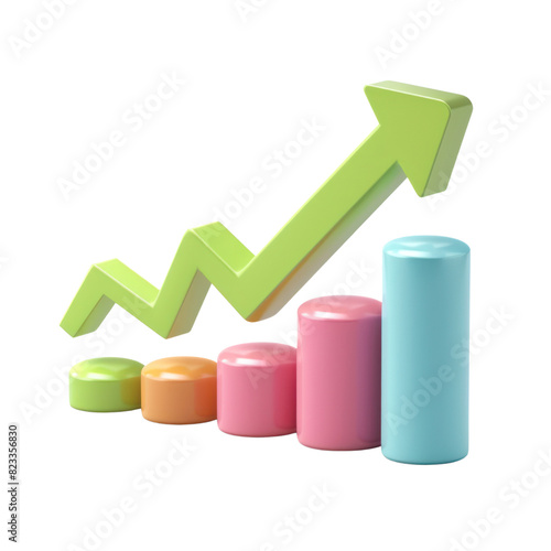 Colorful 3D bar graph with upward arrow isolated on transparent background. Representation of growth progress in business, finance, data analysis. suitable for presentations and 