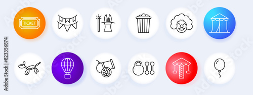 Circus set icon. Ticket, clown, balls, performance, tricks, magic, tent, popcorn, rabbit and hat, weights, athletes, carousel, cannon, streamer. Hippodrome concept