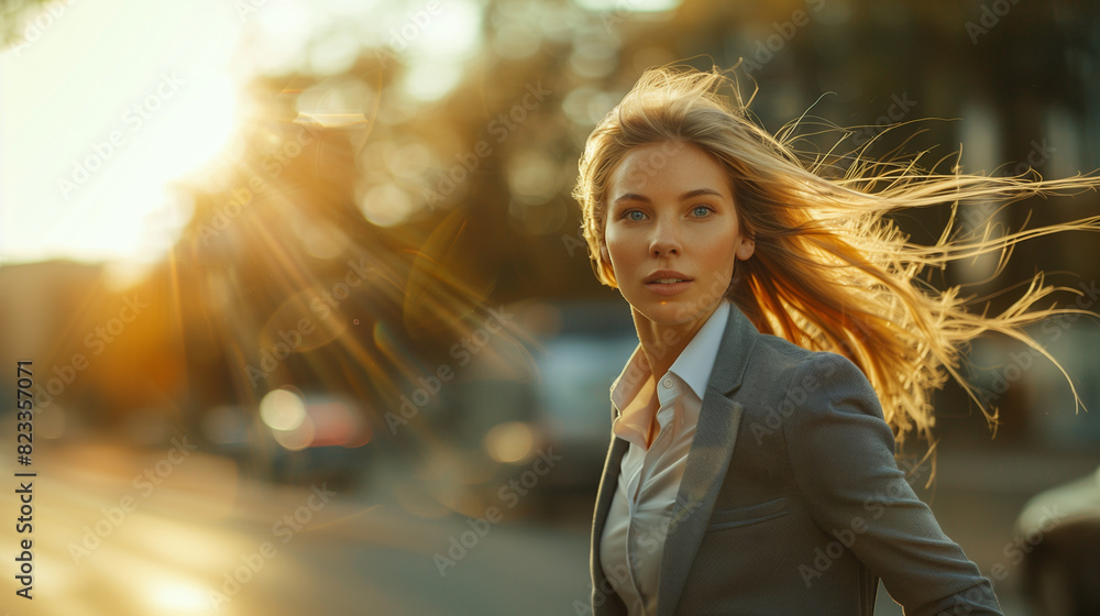 Obraz premium Businesswoman in motion on a busy street.