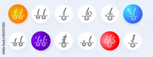 Hair set icon. Haircut, cream, shampoo, trichology, moisturizing, dandruff, split ends, itchy skin, cream, nutrition, strengthening, split ends, salon treatments, fragility. Hair protect concept.