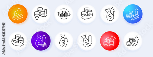 Money transfer set icon. Coins, income, arrows, profits, losses, financial cycle, deposit, investment, increasing profits, gold, bullion, dollar, bank transfer, payment, losses, cost, expenses.