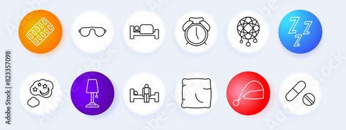 Dream set icon. Slumber, repose, bed, hypnotic, alarm clock, dream catcher, Z, snoring, melatonin, pillow, night light, tablets, sleeping pill, sleep cap, lamp, man on doss. Sleep concept.