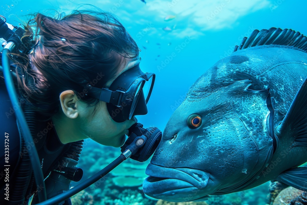The image displays a scuba diver interacting closely with a curious and giant fish swimming in clear blue ocean waters The image displays a scuba diver interacting closely with a curious and giant fish swimming in clear blue ocean waters
