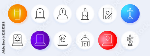 Funeral set icon. Grave, cross, tomb, Christianity, faith, burial, mound, candle, flame, portrait, ritual photo, monument, coffin, corpse, deceased, cremation, mourner, tradition, temple, funeral slab