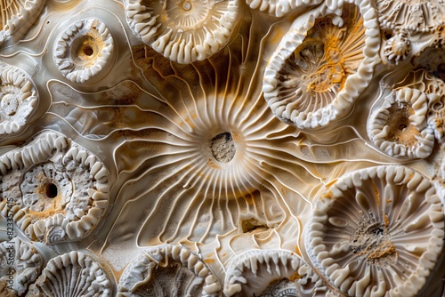 Detailed close-up of ancient ammonite fossils embedded in rock, showcasing natural history and prehistoric life