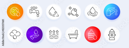 Water conservation set icon. Earth with drop, dripping tap, cycle, clean water, faucet, cloud, hand with water, evaporation, bathtub, bottle, fire hydrant.
