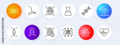 Biometric security set icon. Eye scan, voice recognition, fingerprint, facial recognition, DNA, hand scan, body, profile, fingerprint authentication, security check, heart rate monitor. Identification