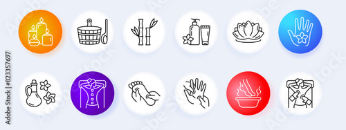 Spa and wellness set icon. Candles, sauna bucket, bamboo, lotion, lotus flower, hand care, massage oil, back massage, foot massage, hand massage, steam bowl, facial treatment. Spa relaxation concept.