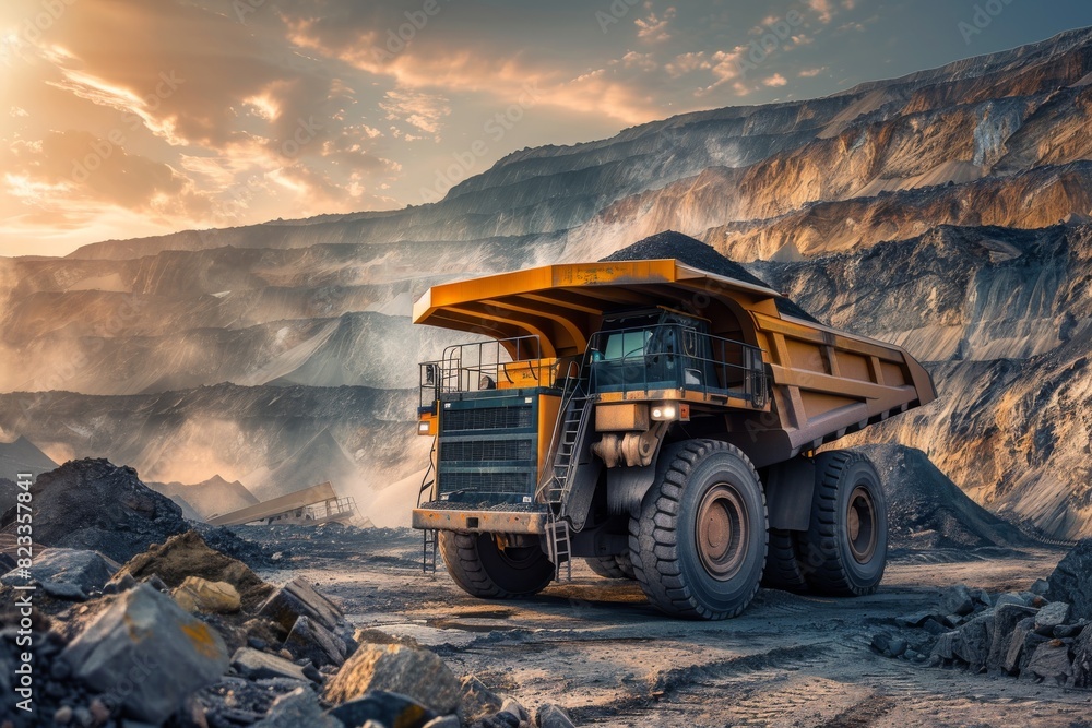 A solitary mining dump truck with a full load of minerals driving in an expansive open-pit mine against a sunset sky A solitary mining dump truck with a full load of minerals driving in an expansive open-pit mine against a sunset sky