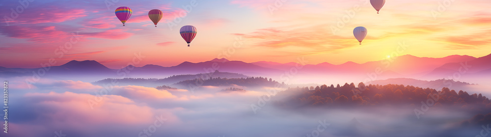 Hot Air Balloons at Sunrise Over Misty Mountains Hot Air Balloons at Sunrise Over Misty Mountains