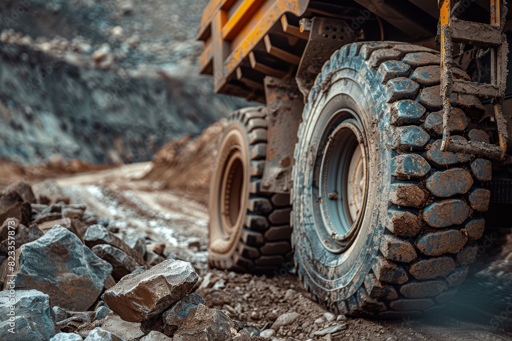 Detailed close-up of a mining truck's tire tread and rocks, emphasizing texture and industrial machinery Detailed close-up of a mining truck's tire tread and rocks, emphasizing texture and industrial machinery