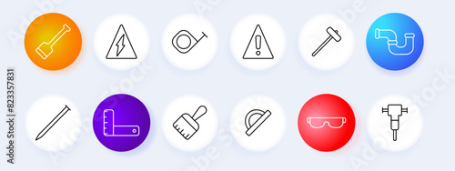 Construction tools set icon. Sledgehammer, high voltage sign, measuring tape, warning sign, hammer, pipe, nail, right angle ruler, paintbrush, protractor, safety goggles, jackhammer. Safety concept.