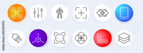 Technology and control set icon. Drone, sliders, human figure, target, eye scan, tablet, plug, 3D axis, crosshair, Venn diagram, router, layers. Technology and digital control concept.