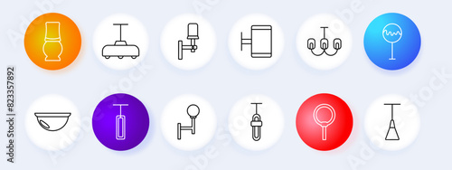 Lighting fixtures set icon. Desk lamp, ceiling, wall lamp, chandelier, floor lamp, bowl light, recessed light, pendant light, magnifying lamp. Home decor, interior design concept.