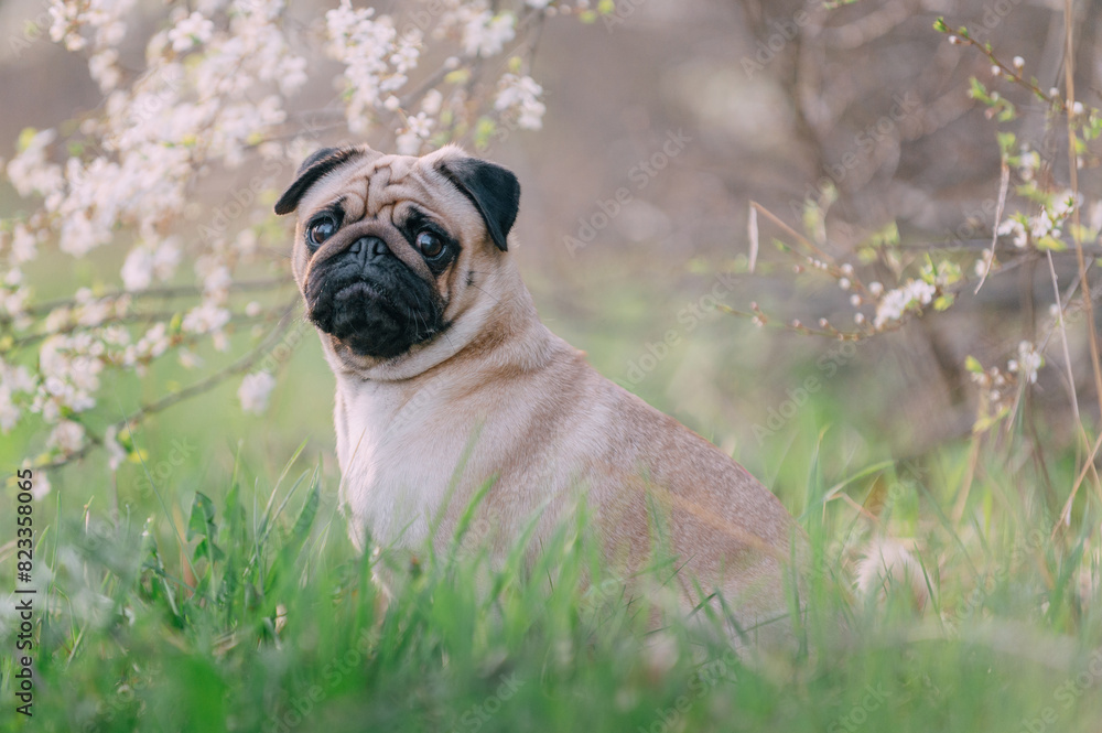 Fototapeta premium A cute pug dog sitting in the tall grass near a flowering tree. Looking into the camera.