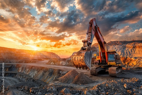 An excavator is shown during golden hour with the sun setting in a mining landscape, highlighting industrial activity