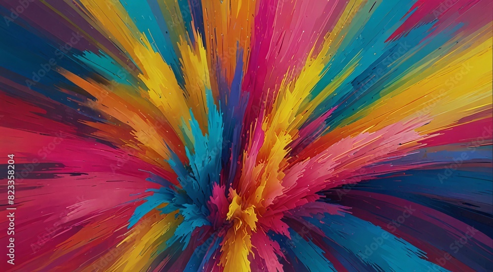 Obraz premium Vibrant explosion of colorful paint strokes, abstract rainbow burst background, dynamic textured acrylic splatter art for creative design projects