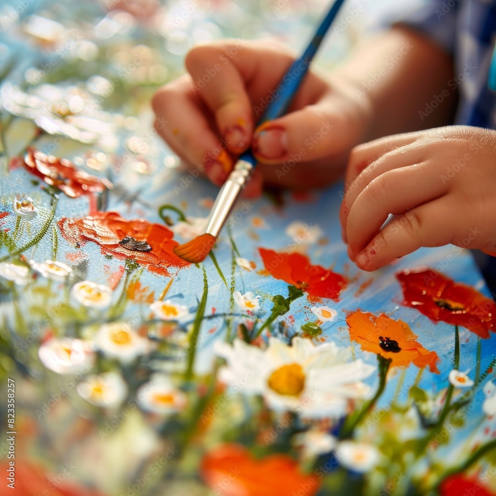 Child hands paints a picture, kid drawing flowers by gouache, paint brush in hands, creative child art Child hands paints a picture, kid drawing flowers by gouache, paint brush in hands, creative child art