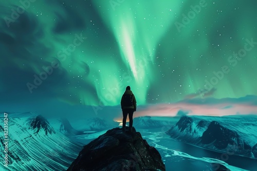 A person stands alone, dwarfed by the surreal Northern Lights in a cold landscape photo