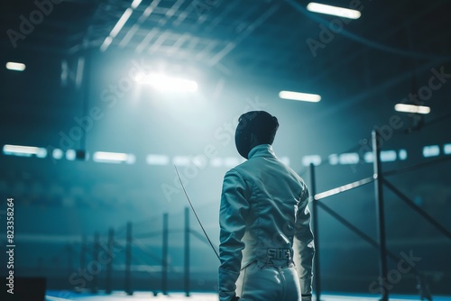 A fencer in gear poised to compete under the bright lights of a sports arena