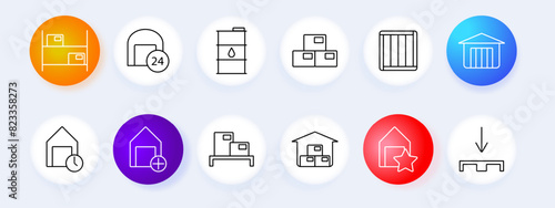 Warehouse storage set icon. Shelf, 24-hour service, oil barrel, boxes, pallet, warehouse, storage, logistics. Inventory management concept.
