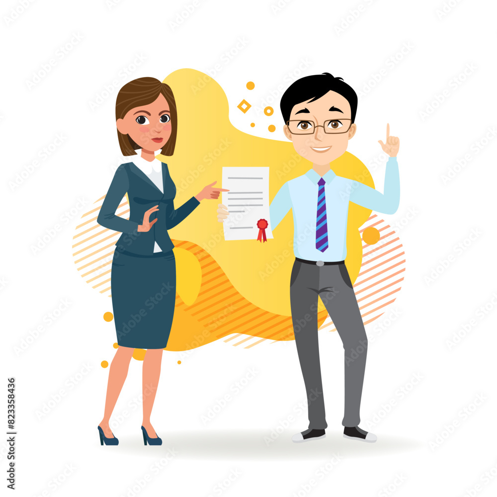 Business partners with signed contract. Male and female managers in formal wear pointing at document. Business and partnership concept. Vector illustration can be used for topics like deal, success Business partners with signed contract. Male and female managers in formal wear pointing at document. Business and partnership concept. Vector illustration can be used for topics like deal, success