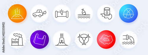 Pollution sources set icon. Landfill, exhaust, pipe leakage, water pollution, chemical spill, radioactive waste, factory, smog, CO2 emissions. Environmental impact, pollution control concept.