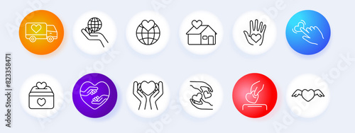 Charity and donations set icon. Truck, globe, heart, house, hand, click, box, hands, giving, sharing, love, help. Charity and philanthropy concept.