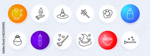 Magic and fantasy set icon. Crystal ball, potion, wizard hat, wand, spell, moon, bottle, book, cauldron, broomstick. Magic and wizardry concept.