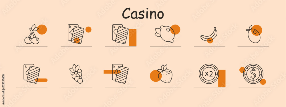 Casino fruit machine symbols set icon. Cherries, cards, bananas, plum, strawberry, grapes. Slot machine and gambling concepts.