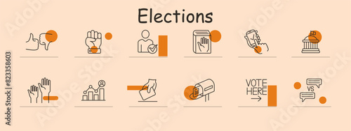 Elections and voting set icon. Thumbs up, ballot box, voting, debate, mail-in vote, campaign. Democracy and political participation concepts.