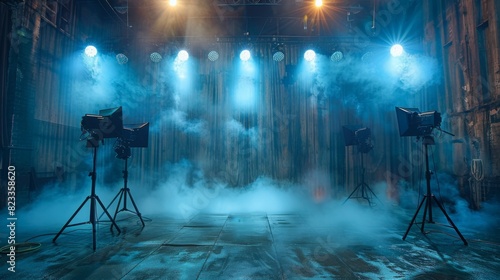 A stage enveloped in fog with various stage lights and a dark atmosphere, suggesting a moody theatrical scene photo