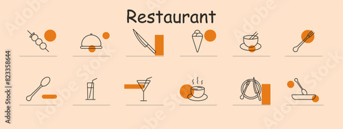 Restaurant icons set. Includes skewers  dome  knife  ice cream  coffee  fork  spoon  glass  cocktail  spaghetti  soup. Represents dining  food  meals  beverages  culinary  gourmet  and hospitality.