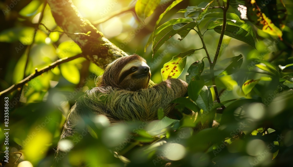 A sloth in its natural habitat captured in candid wildlife photography, portraying a serene moment amidst lush foliage A sloth in its natural habitat captured in candid wildlife photography, portraying a serene moment amidst lush foliage