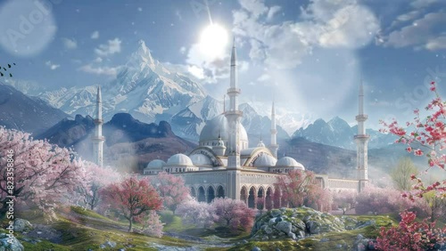 panorama  landscape of mosque with flowers and clouds. Cartoon or anime watercolor digital painting illustration style. seamless looping 4k video animation background. photo